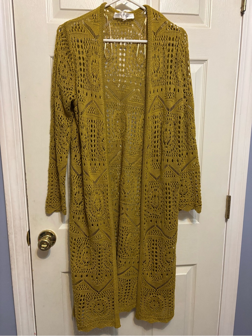 Chelsea & Theodore Mustard Yellow Crochet Open Knit Longline Duster Cardigan